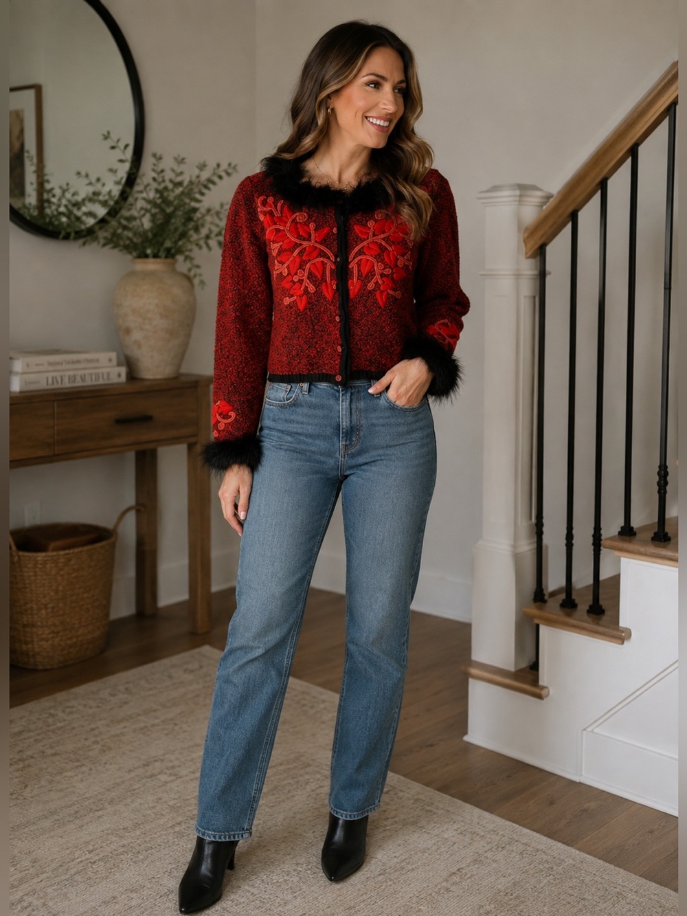 BEREK Vintage Button Down Faux Fur Trim Red Beaded Sweater Size S
